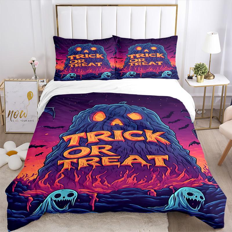3PCs Trick-or-treat, Halloween Design Cover Set, Breathable Fabric, Machine Washable (1 Duvet Cover + 2 Pillowcases) (Without Quilt) Yy250911128