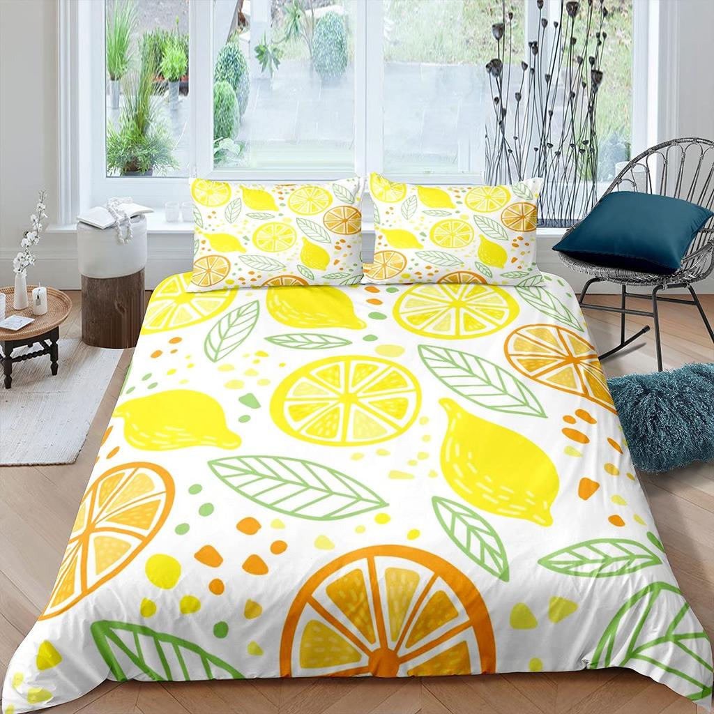 Nature Bedspread, Lemon Tre Branches Gardening Design, Decorative Quilted 3 Piece Coverlet Set featuring 2 Pilow Shams, Ful Sized Dimensions