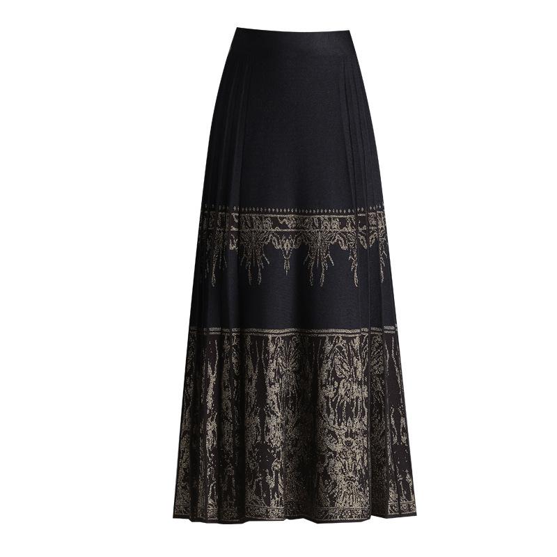 Vintage Knitted Skirt Autumn/Winter Elastic A-line Long Skirt