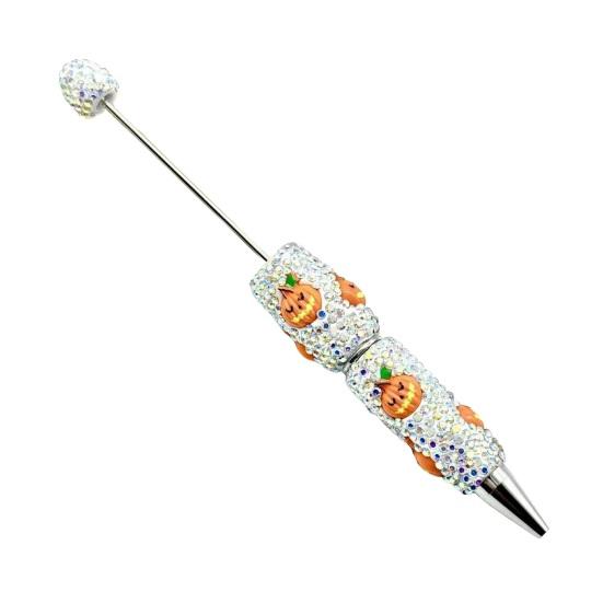 Rhinestone Writing Pen Beadable Pen, Glitter Plastic Beaded Halloween Pumpkin Ghost Skull Decorative Gel Ink for DIY Craft Making, School Office