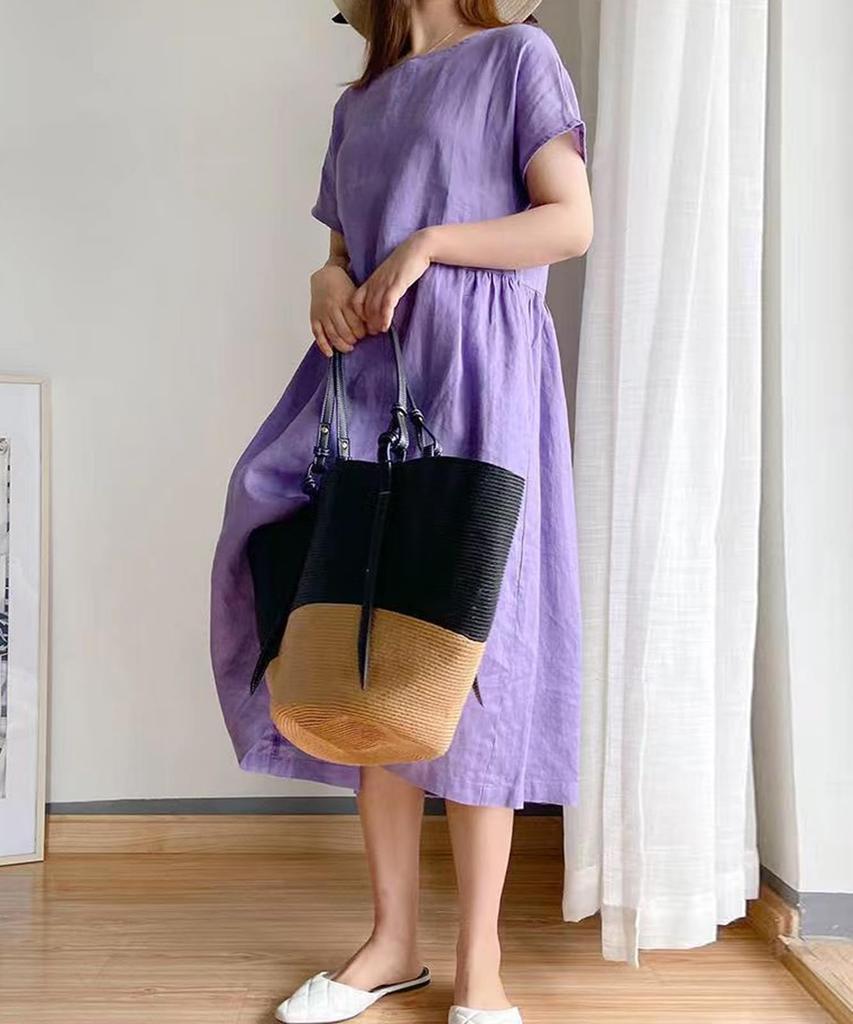 Solid Body L Summer Summer Not Everyday Private Room Short Relaxed Purple [Luxe Relax] Loose, Linen-like Dress, Color, Simple, Covering, Mid-length