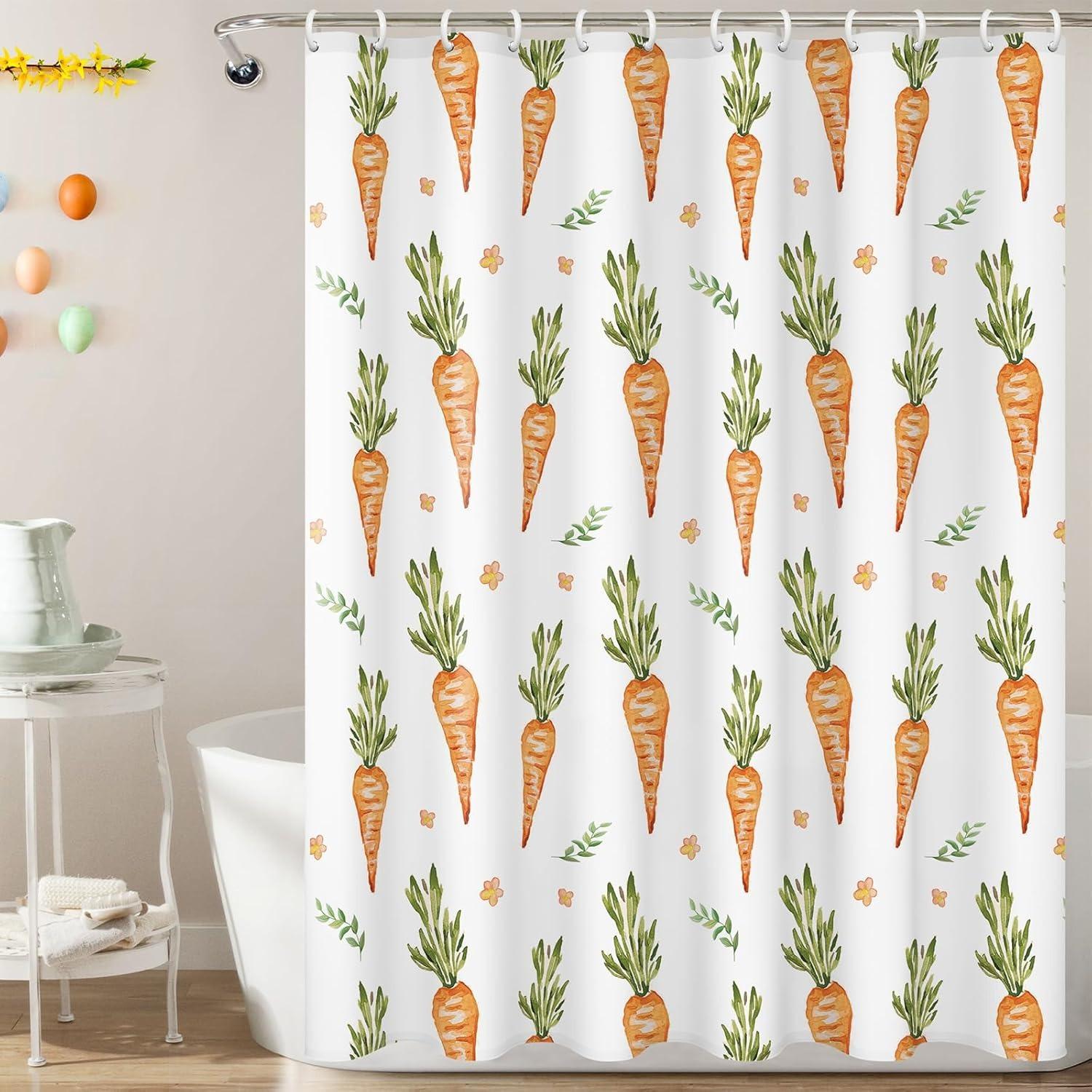 

Easter Shower Curtain Set - Watercolor Carrot With Green Leaves & Orange Flowers, Waterproof, Playful & Durable Bath Decor W60H190(CM)-1 Pcs