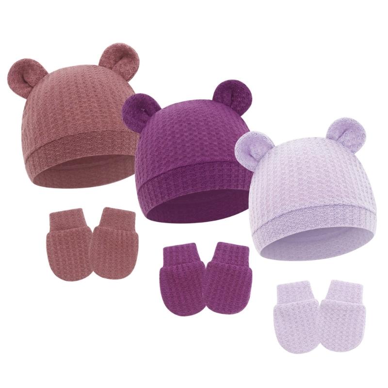 

Pack of 3 Set Lovely Newborn Baby Hat And Scratch Resistant Mittens Set Comfortable Wear For Infants 0-6 Months
