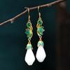 Gold Plated Imitation Jade Earrings For Women, Exquisite Long Style, Niche Design, Antique Style Jewelry Gift