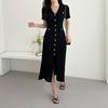 Knitted Black Bodycon Korea Style Ruffle Ladies Short Sleeves Midi Dresses Elegant Casual V-neck Mermaid Dress for Women Summer 2026