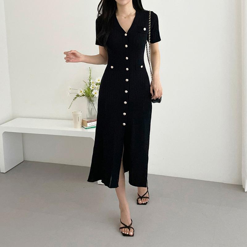 Knitted Black Bodycon Korea Style Ruffle Ladies Short Sleeves Midi Dresses Elegant Casual V-neck Mermaid Dress for Women Summer 2026