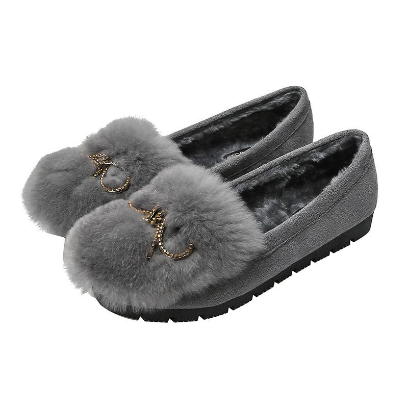 

T202025 осень и зима новые замшевые туфли из кроличьего меха женские с бантом на мягкой подошве бархатные теплые 33 серый