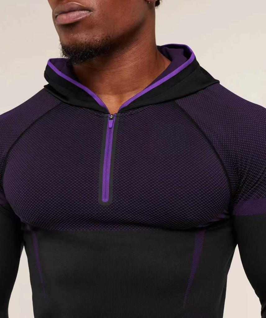 GYMSHARK Men's Onyx High Stretch Long Sleeve Hooded Fitness T-shirt