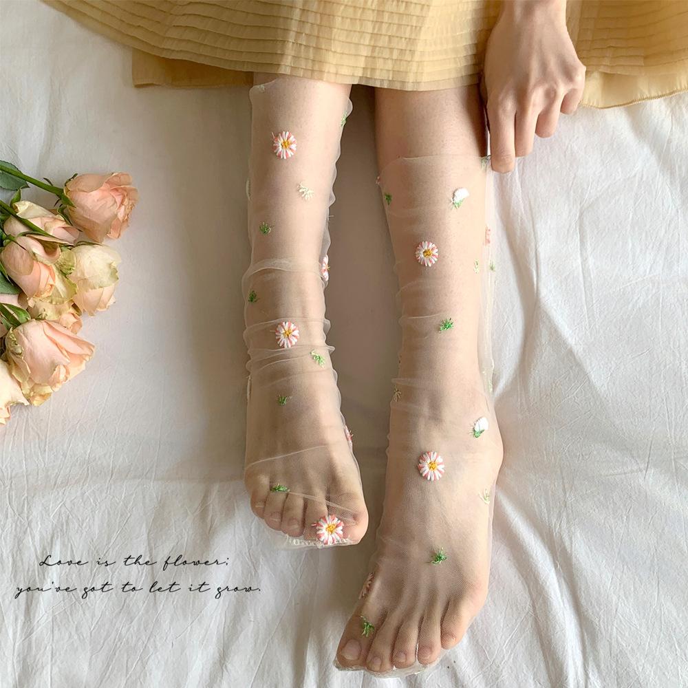 Mesh Socks Children'S Sweet And Fresh Little Daisy Girl Socks Summer Ultra-Thin Transparent Embroidered Tube Socks Stockings