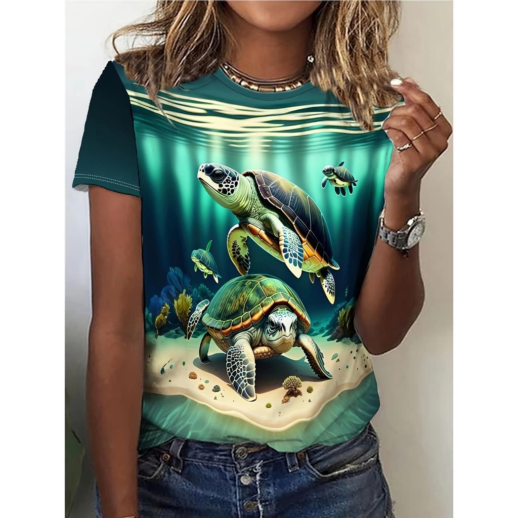 Summer New Women's 3D Digital Printed T-shirt Creative Animal Pattern Round Neck Casual Short Sleeve Loose Fashion Top