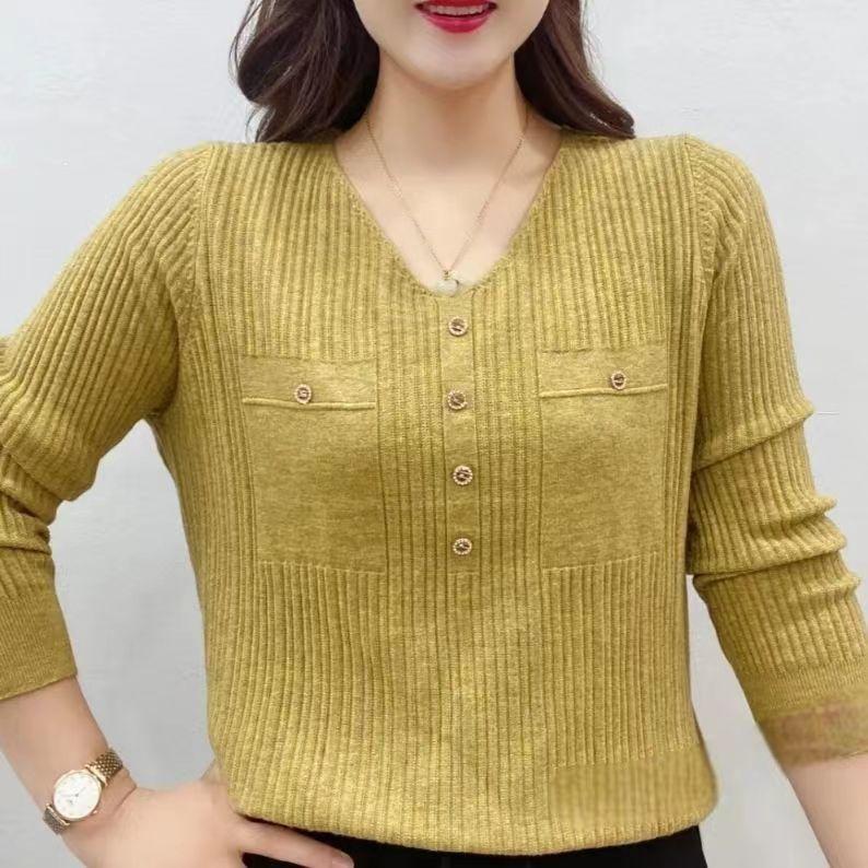 Women's Autumn Sweater Long Sleeve Knit V-Neck Pullover Loose Thin Sweater Top