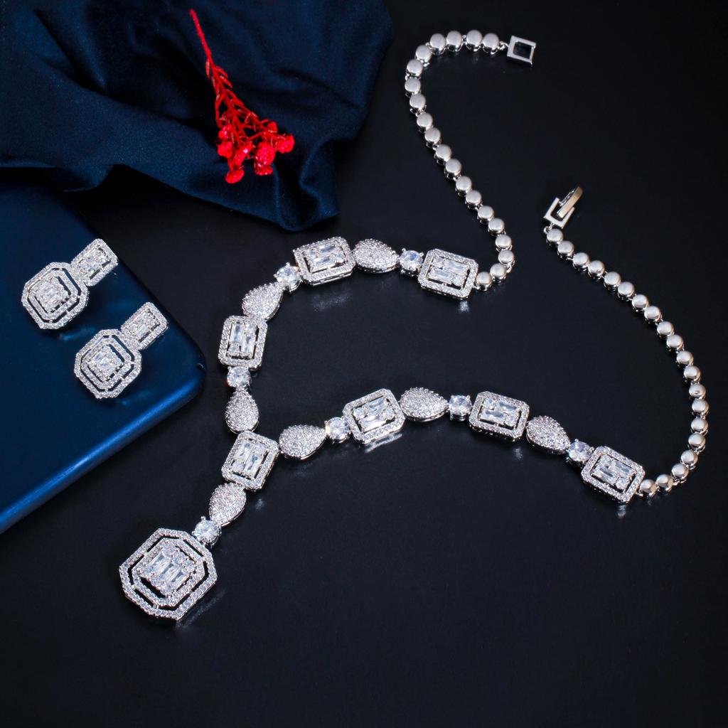 Braut Hochzeit Kleid Halskette Set Quadrat Zirkon Schmuck Halskette Ohrringe Zweiteiliges Set