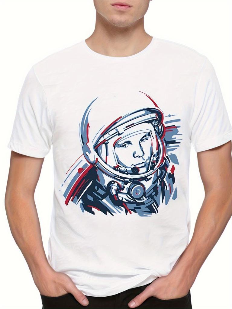 Yuri Gagarin Biography T-Shirt White Space Exploration Tee with Blue Red Astronaut Print Casual