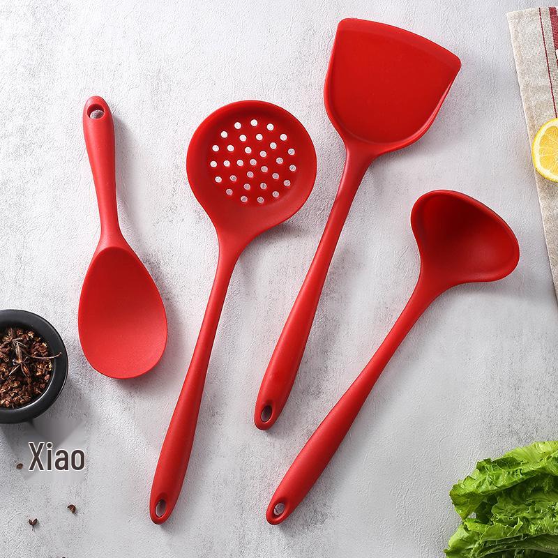 Silicone Non-stick Cookware Set: Stir-fry Spatula, Soup Ladle, Slotted Spoon, High-Temperature Long Handle.