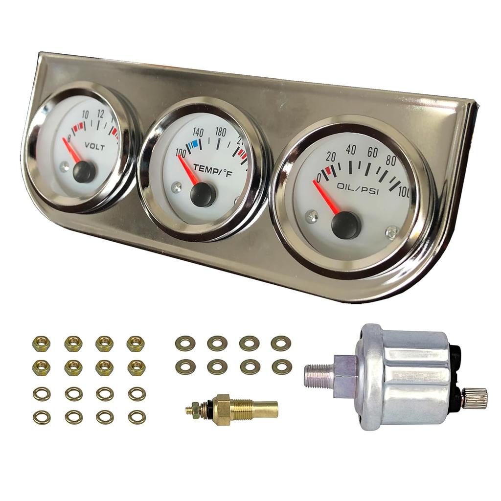 Chrome 3 in1 Triple Auto Gauge Meter Kit 52mm (8-16V Volt Meter +100-250℉ Water Temperature Gauge+ 0-100 psi Oil Pressure Meter) with Console for
