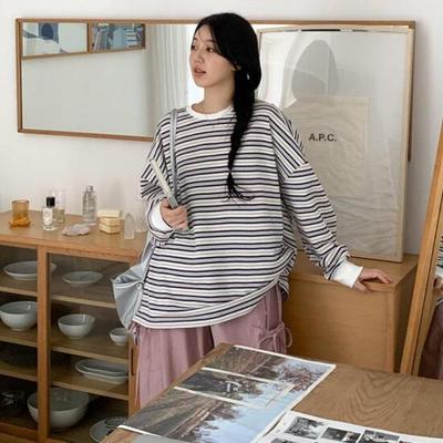 New Arrivals Open Run STriped T shirT Round Neck overfiT Long Sleeve Tee