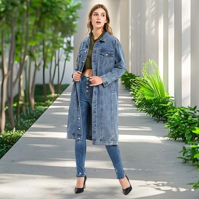 Jachetă retro pentru femei, slim, denim spălat, lungime medie, guler răsturnat, haină cu mânecă lungă cu nasturi, culoare uni, cu buzunare la piept.