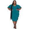 Plus Size Women's Temperament Solid Color V Neck Ruffled Slim Sexy Dress