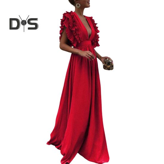 Dámské večerní šaty Nízký střih s výstřihem do V s létajícími rukávy Vrstvený nařasený plisovaný vysoký pas Jednobarevné Jednobarevné Šaty na podlahu Prom Cocktail Party Maxi šaty