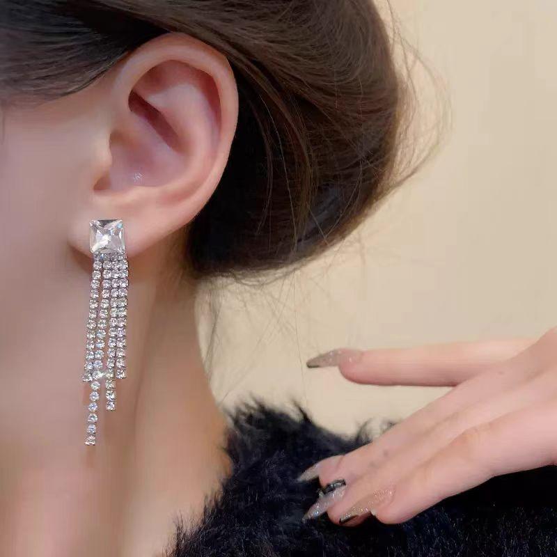 952 Silver Needle Zirconia Long Tassel Stud Earrings - Elegant and Sophisticated Women's Accessories