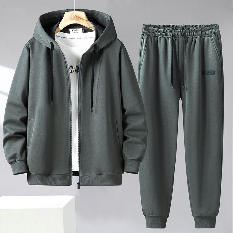 Men's Autumn Solid Color Plus Size Sports Suit Youth Hooded Jacket + Sweatpants Causal Cool Two-piece Set