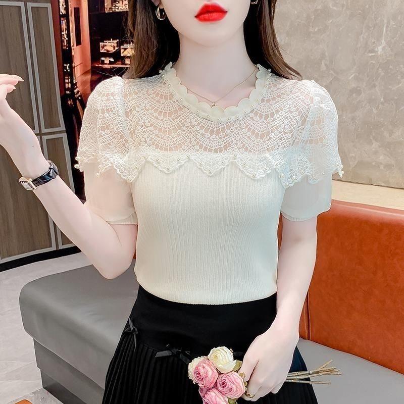 Designer Pearl Embellished Lace Spliced Chiffon Blouse For Summer Casual Wear