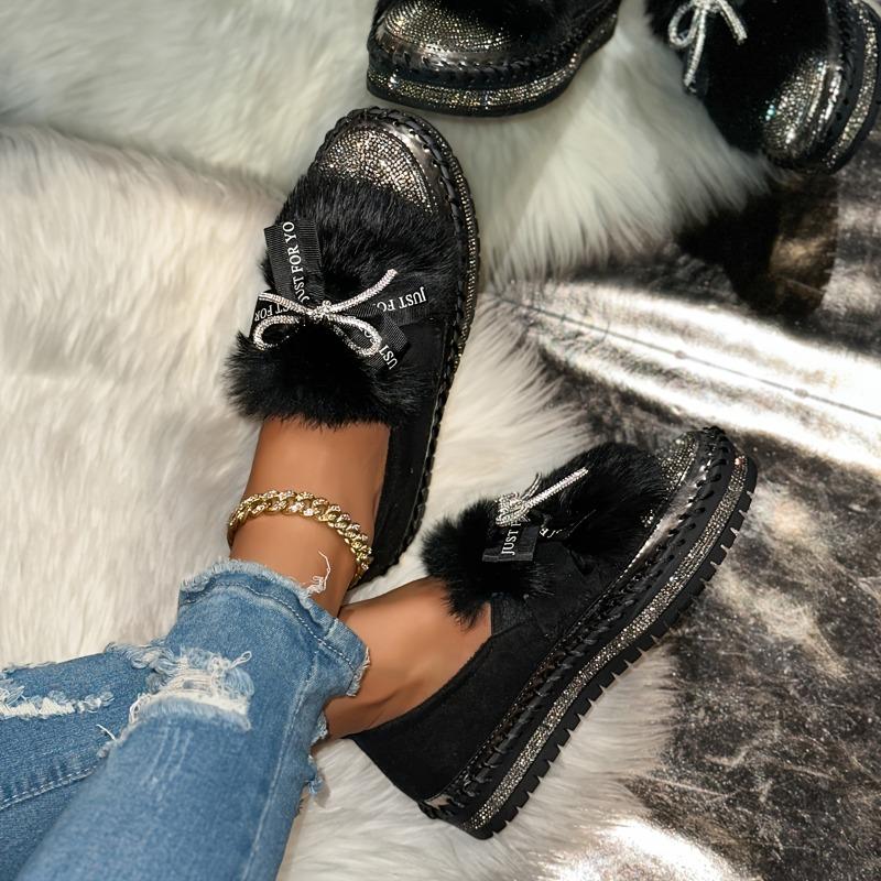 Women's Slip-On Winter Slippers with Rhinestone Bow Plush Faux Fur-Like Collar