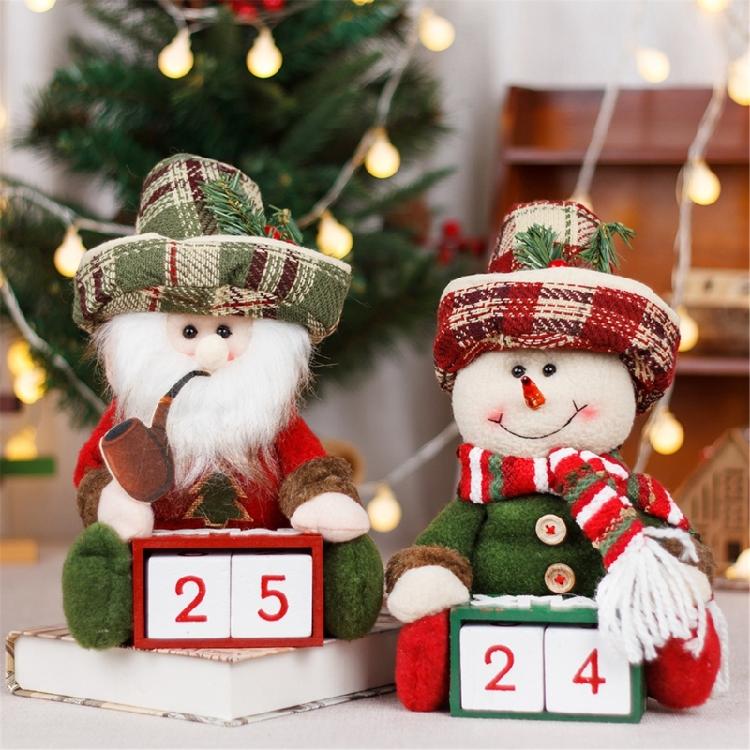 Santa and Snowman Plush Figurine Wood Christmas Count Down Calendar with Number Square Farmhouses Tabletop Ornament Gift