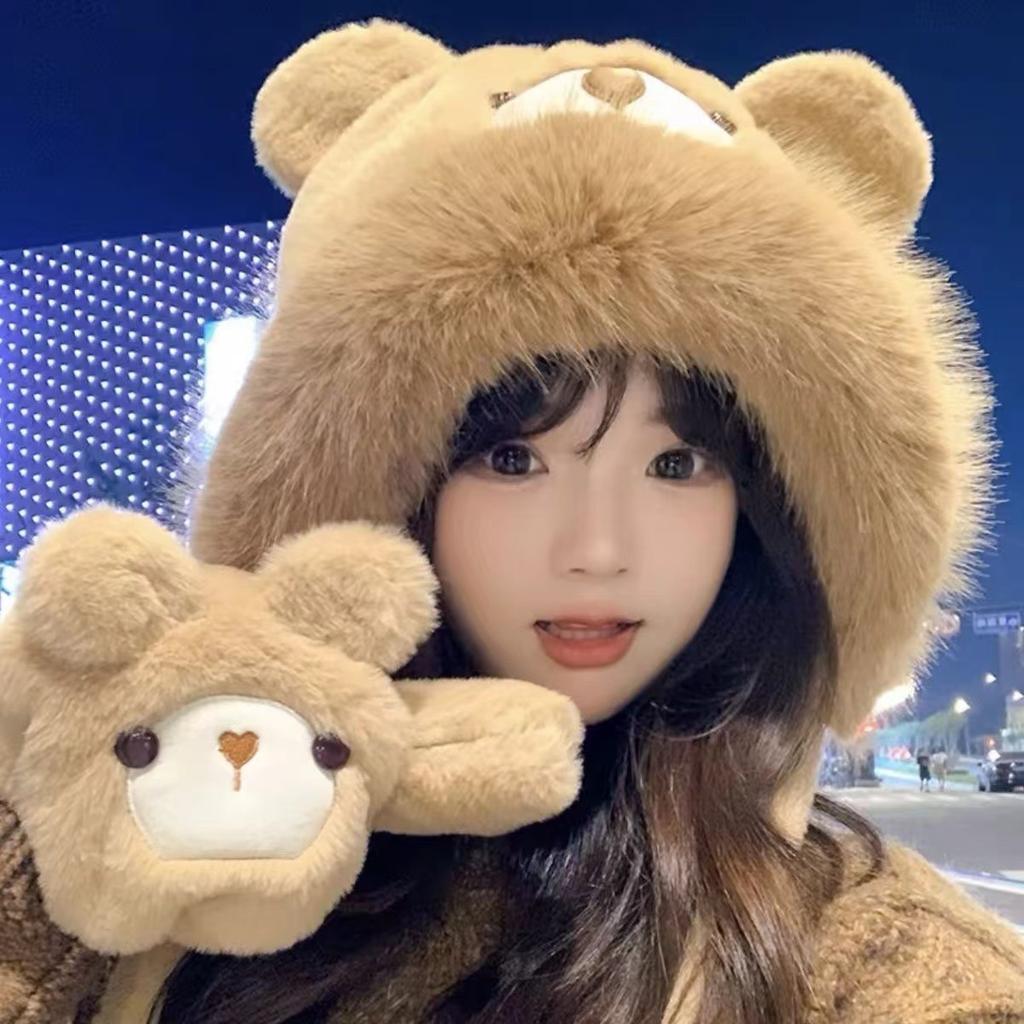 Plush Bear Hat Gloves Women's Autumn and Winter Plush Thickened Thermal Ear Protection Pullover Hat Cute Lei Feng Hat Cycling