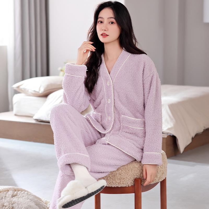 Set pigiama da donna in flanella invernale - Spesso, maniche lunghe, pantaloni, cardigan, caldo, casual, vestibilità ampia