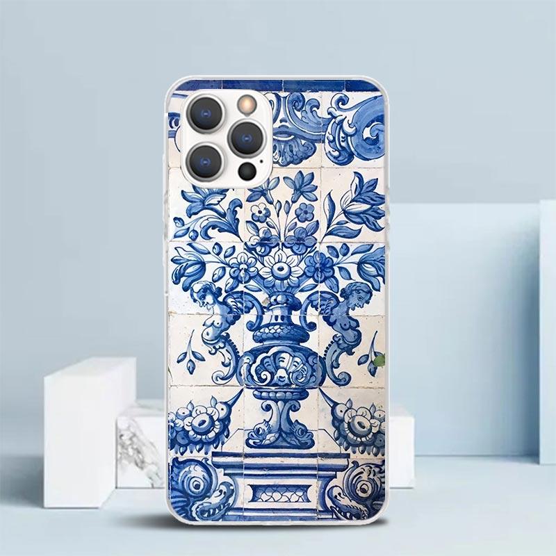 Blue And White Porcelain Soft Cover for iPhone 16 17 Air 15 14 Pro Max 16E Phone Case 13 Mini 12 11 7 SE 8 Print Pattern Fit Cas