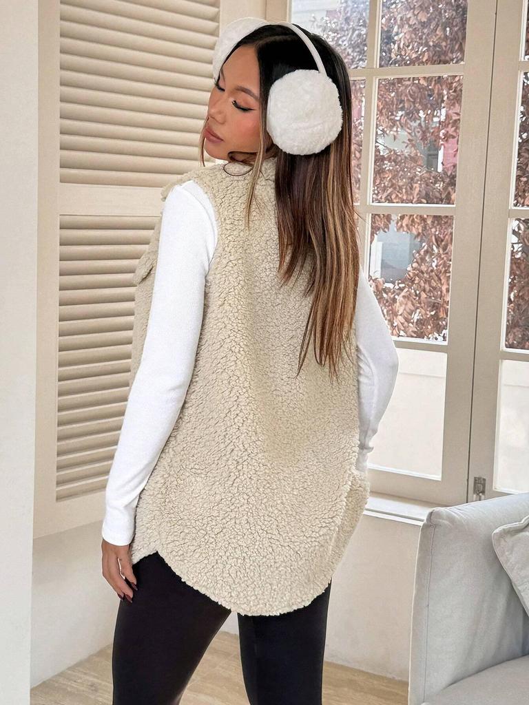 Damen Herbst/Winter Plüschweste mit Revers – Knöpfbar, Imitation Lammwolle, Oberbekleidung für einen schicken, entspannten Look