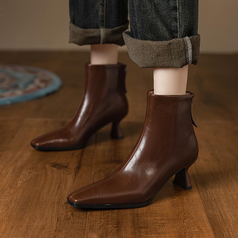 

Мода 2025 НОВЫЕ Осенние Женские Сапоги Спилок Квадратный Каблук Женская Обувь Острый Носок Высокий Каблук До середины икры Челси Современные Сапоги 34