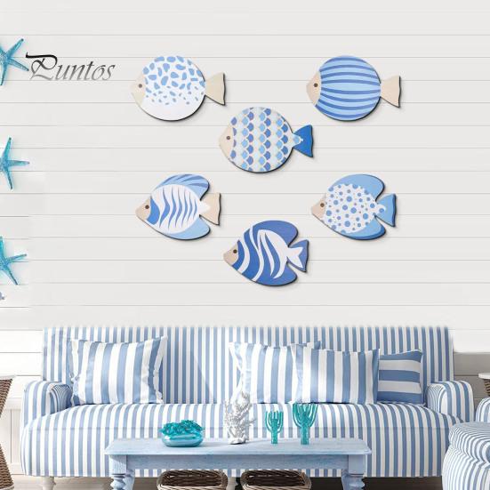 Adhesive Fish Cutouts for Walls 6Pcs Wooden Wall Decor, Marine Striped Ocean Theme Stickers, Self-Adhesive Nature Inspired Art Coastal Beach Kids Room
