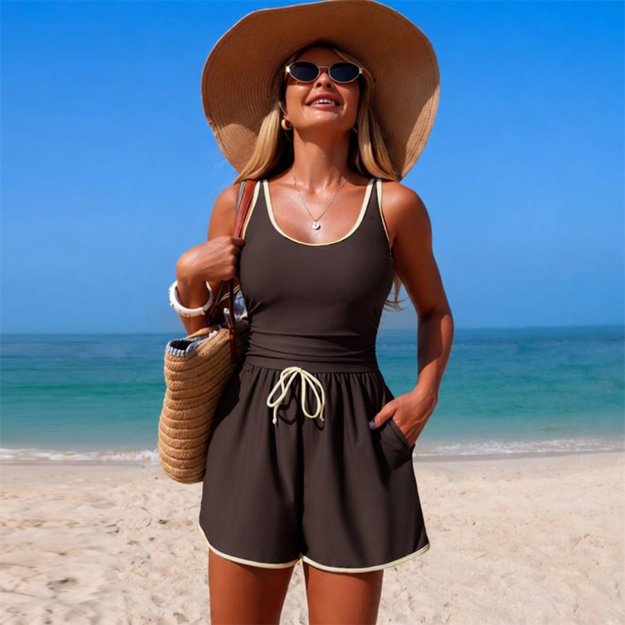 Costume da bagno intero da donna Estate Tuta da bagno con pantaloncini a gilet Colore solido classico Scollo profondo da donna Costumi da bagno Spiaggia