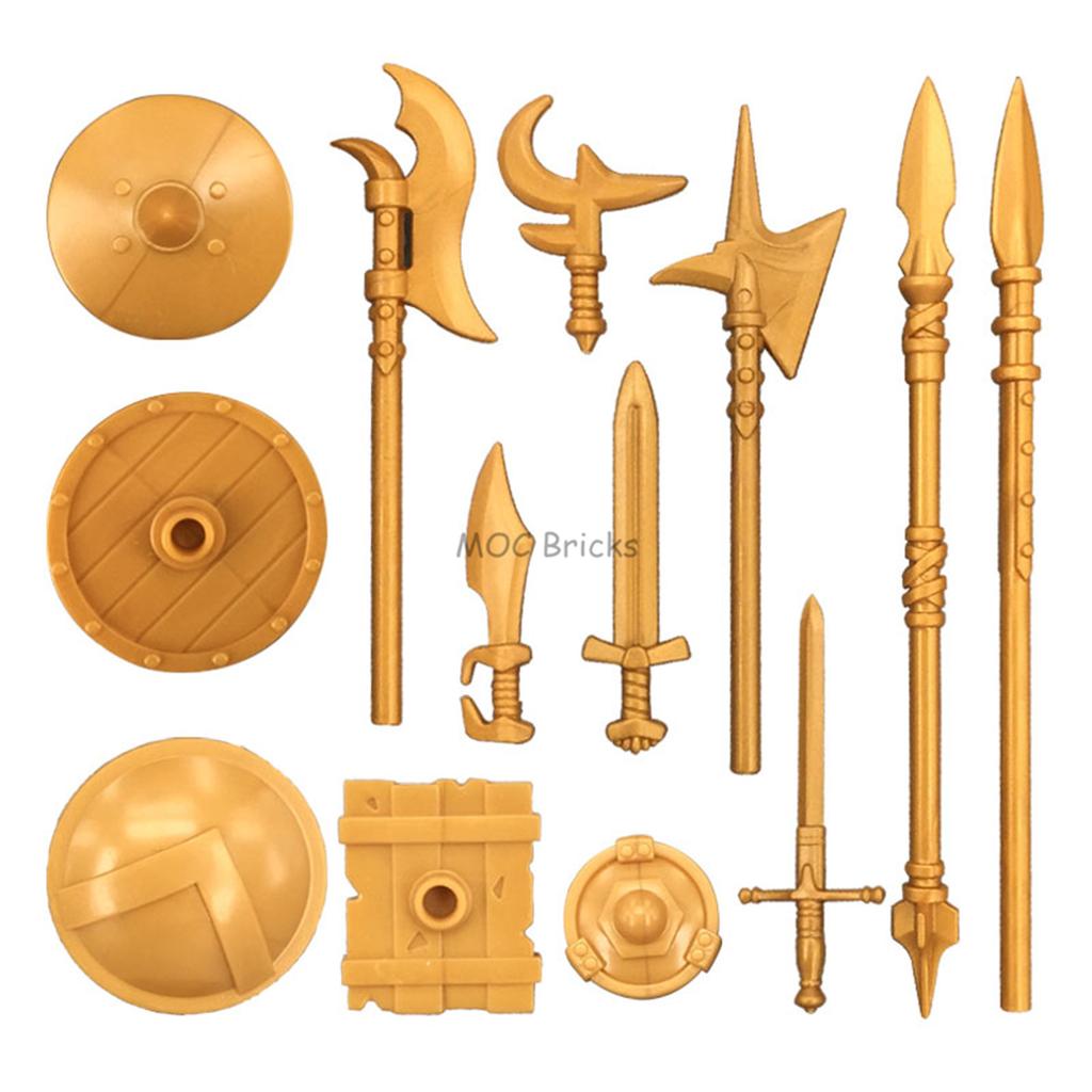MOC Bausteine Mittelalter Ritter Rom Waffe Goldenes Schwert Schild Speer Hellebarde Helm Actionfigur Pädagogischer Baustein Geschenke