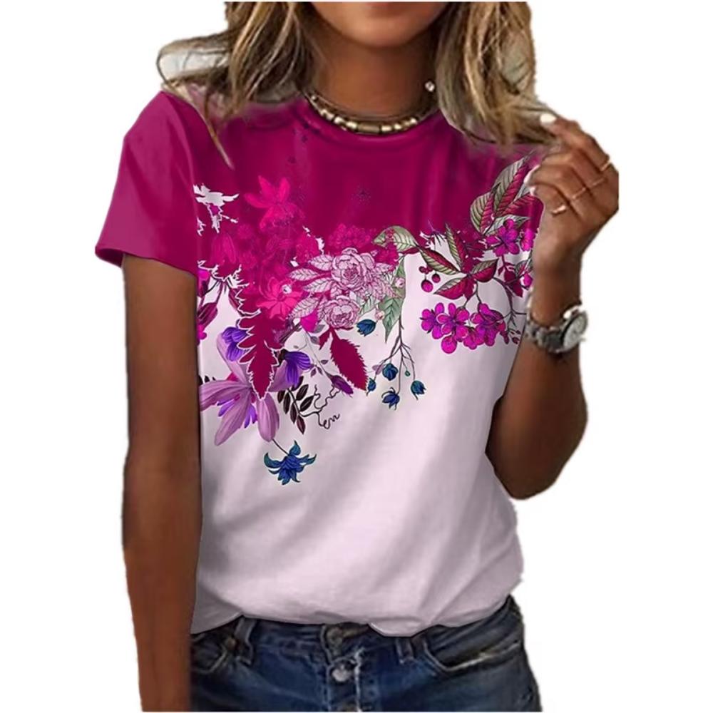 Fashion art floral pattern T-shirt for ladies, summer casual printed outfit