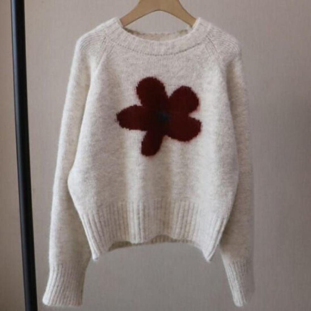 Navava Long Sleeve Knit Sweater With Warm Flower Point Round Neck Nk3431