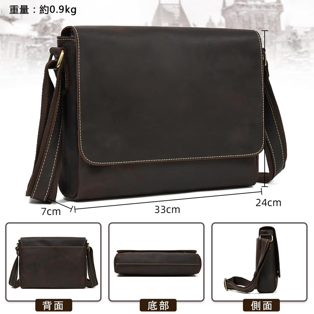 Luufan Men's Genuine Leather Shoulder Bag, A4 Size, Messenger Bag, Large Capacity, Leather Crossbody Bag with Flap, Durable, Retro Design, Dark Brown