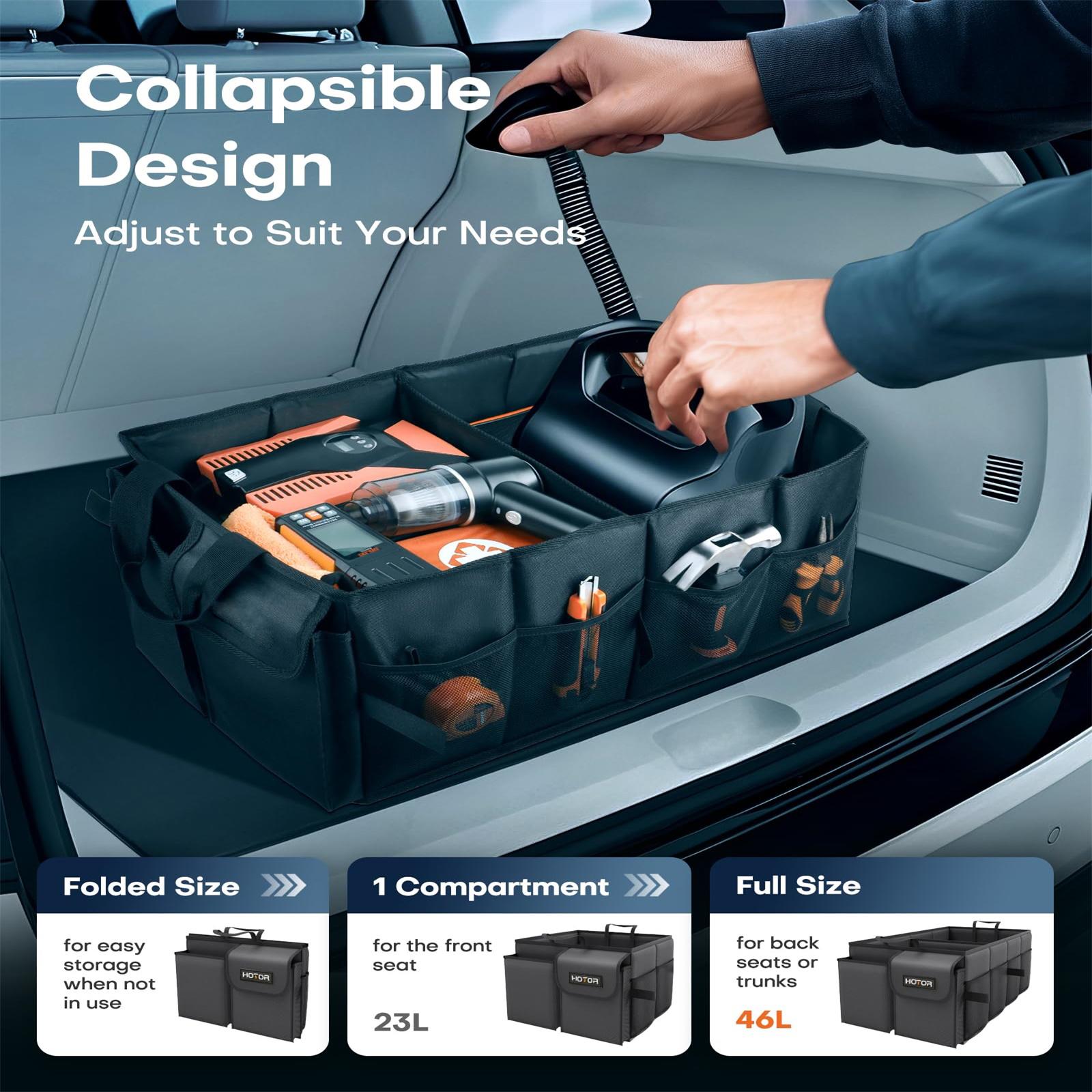 Trunk Organizer - Car Organizer, Foldable Trunk Organizer For SUVs And Sedans, Sturdy Car Organizer, Tools, Sundries, Black, 2 Compartments One Size
