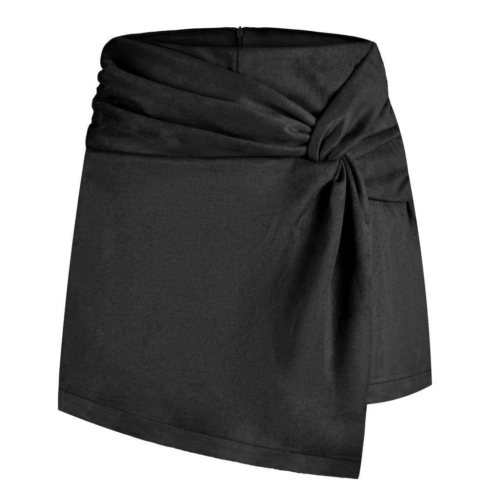Suede Solid Color Buttocks Wrapped Skirt Pleated Irregular Zippered Short Skirt for Women's Clothing