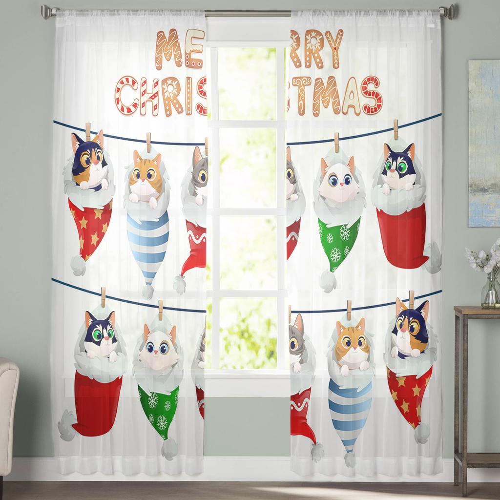 Christmas Santa Hat Cat Sheer Curtains For Kids Bedroom Living Room Voile Curtains Xmas Kitchen Tulle Curtain