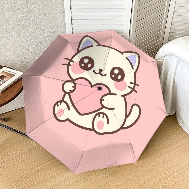 Adorable Kitten Heart Love Print Umbrella - Automatic Opening & Closing, Outdoor Travel Accessory, Lightweight and Durable 160