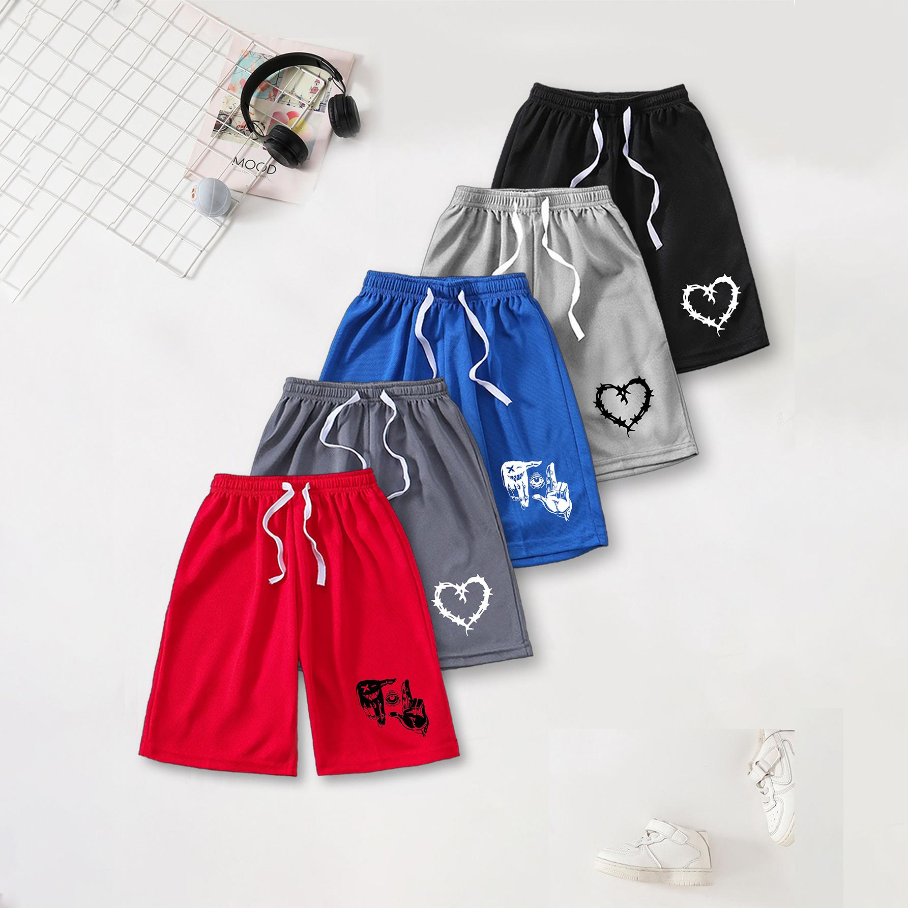 Kids Summer Shorts | Cool Gothic‑Style Barbed‑Wire Heart & Hand‑Sign Graphic Print | Breathable Drawstring 120 чёрный/синий