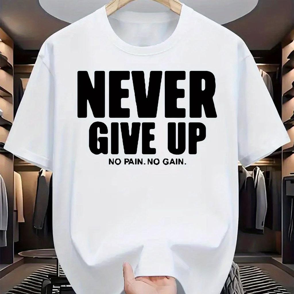 Unisexs Pure Cotton Fashionable Casual Loose Sports Never Give Up Letter Pattern Printed Round Neck Short Sleeved Tshirt Top