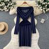 Autumn Winter Women Casual V-neck Full Sleeve Striped Knitted Sweater Slim Bodycon Sheath Dresses
