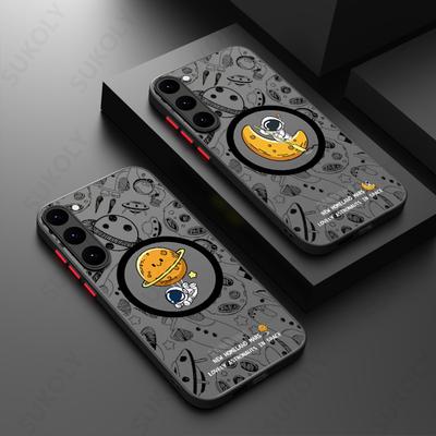 Funda de Astronauta de Dibujos Animados Para Magsafe Para Samsung Galaxy S25 Edge S23 S22 S24 Ultra S24 S23 FE Acrílico Mate Cubierta con Anillo de Hierro