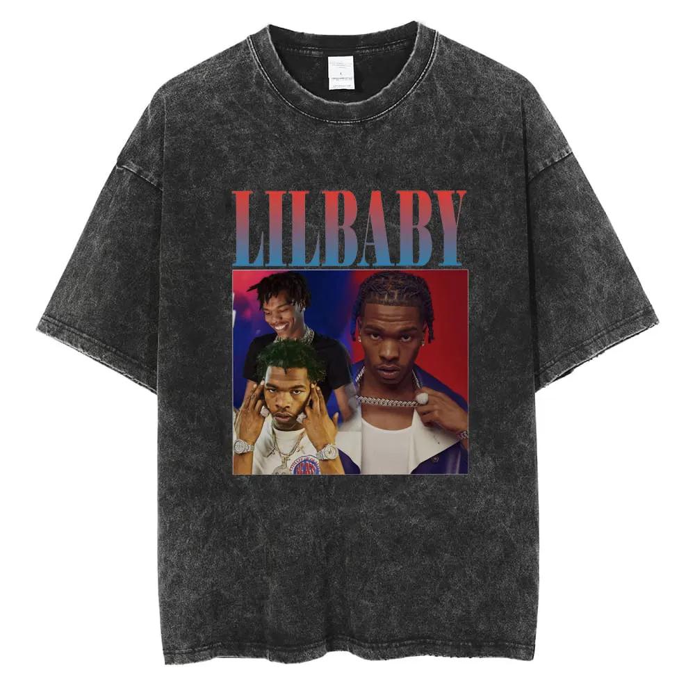 Rapper Lil Baby Wham World Tour Maglietta Lavata Vintage Uomo Donna Moda Casual Maglietta Retrò Hip Hop Magliette Oversize