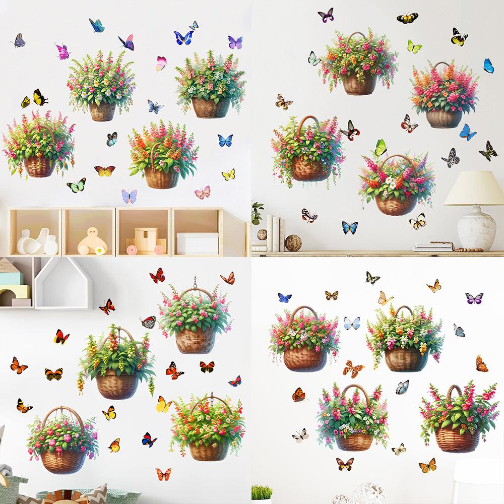 Flower Basket Butterfly Rose Peony Decals Self-adhesive Waterproof Wall Sticker