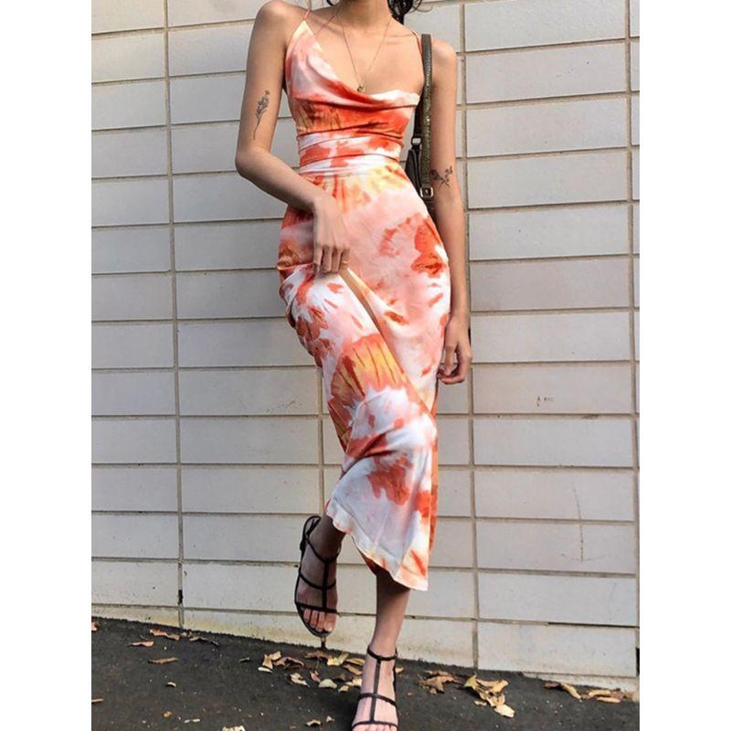 Holiday European American Summer New Tie-Dyed Sexy Sexy Open Back Tied Slim Fit Sling Dress Seaside Dress for Women
